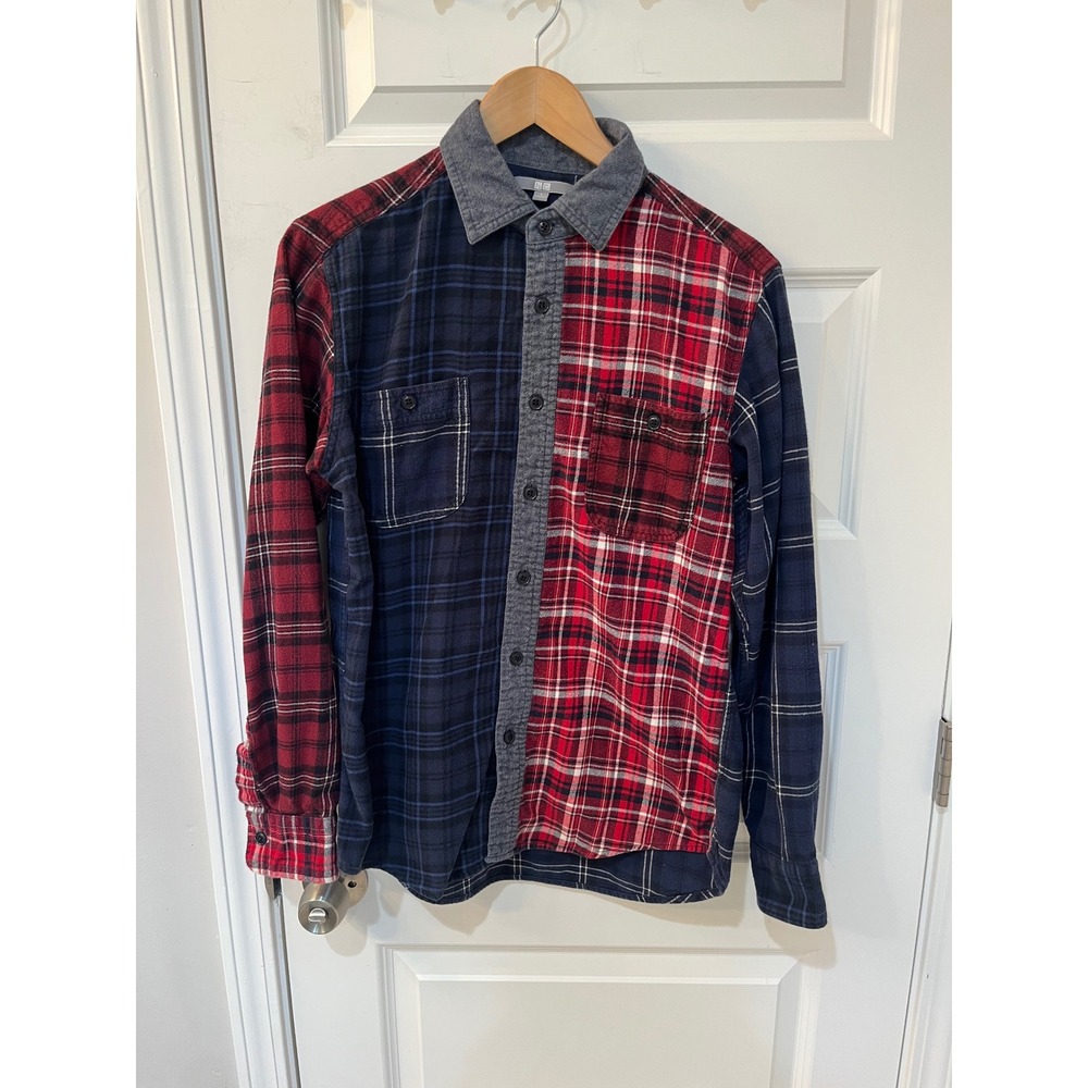Uniqlo Mens Small Colorblock Patchwork Plaid Flannel Shirt Red Navy Blue